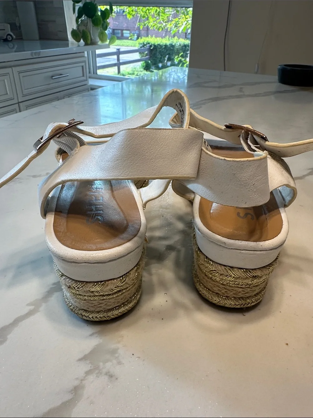 SHEIN White Espadrille Platform Sandals with Ankle Buckle